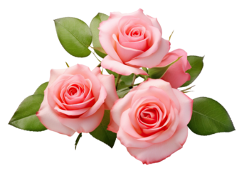 Three beautiful pink roses in full bloom, with soft petals and green leaves, cut out