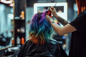 Naklejka premium Rear view of a hairdresser styling a customer's hair. Woman in the salon. Hairdresser at work