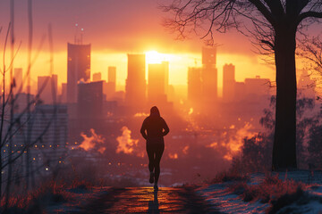 Fototapeta premium Jogger silhouetted against a fiery sunset skyline in a snowy landscape
