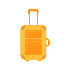Yellow Suitcase on wheels with a handle. Luggage or baggage, plastic bag flying, creative journey and travel concept. Flat vector illustration isolated on white background