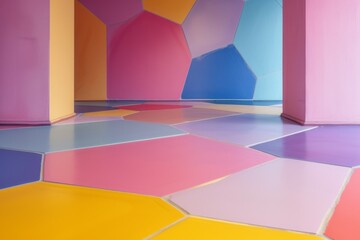 large spacious bright room tiled with colorful hexagons, Hexagonal floor tiles.

