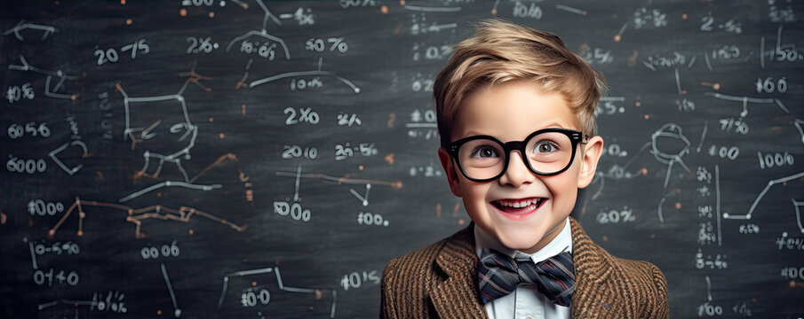 Schoolgirl smilling and wearing glasses against blackboard in classroom.