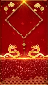 Chinese New Year Celebration, Year of The Dragon with Chinese Decoration, Traditional Lanterns, Clouds, Golden Dragon and Rectangle Frame, Red and Gold Color Vertical Background