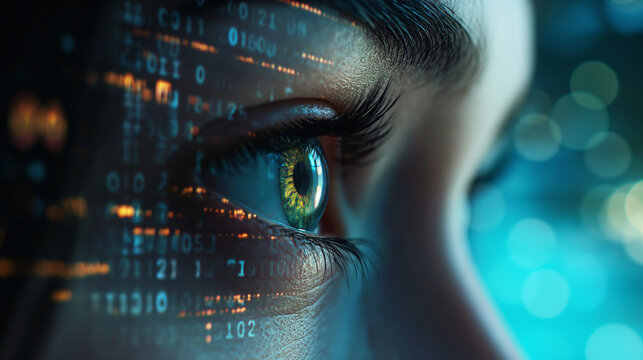 Digitales 3d Auge leuchtet mit Zahlencodes und Quelltext kryptisch symbolisch f&uuml;r Datenschutz und Privatsph&auml;re der Identit&auml;t sch&uuml;tzen Generative AI