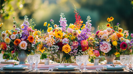 A large, long, decorated, wooden table and chairs, covered with a white tablecloth with dishes, flowers, candles, stands outdoor near the forest in nature. Wedding banquet. lights on background