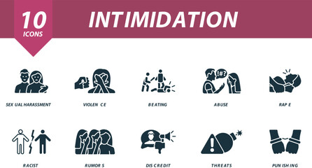 Intimidation icons set. Creative icons: sexual harassment, violence, beating, abuse, rape, racist, rumors, discredit, threats, punishing.