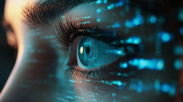 Digitales 3d Auge leuchtet mit Zahlencodes und Quelltext kryptisch symbolisch f&uuml;r Datenschutz und Privatsph&auml;re der Identit&auml;t sch&uuml;tzen Generative AI