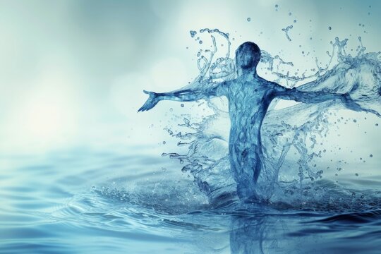 illustration of a cyborg running with splashes, human body made of water with arms open to the side

