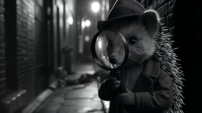 AI generated illustration of a hedgehog using a magnifying glass to examine the ground