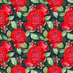 Floral seamless pattern with red roses, watercolor on a dark background