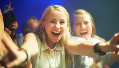 Friends, happy or selfie at concert in portrait, bonding or excited for social fun at music...