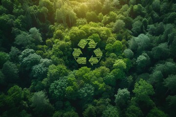 top view illustration of recycle sign with leaves in the forest
 - obrazy, fototapety, plakaty
