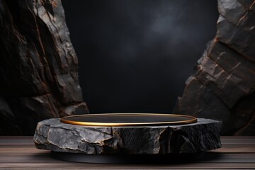 Product display mockup, empty Black stone and gold cylinder podium display stand for product display against a backdrop of black rock boulder, Cosmetic showcase.