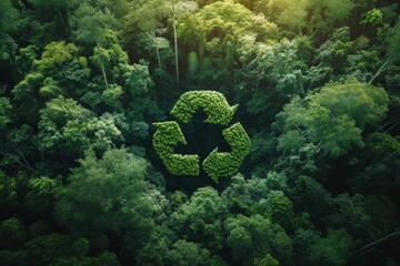 top view illustration of recycle sign with leaves in the forest
 - obrazy, fototapety, plakaty