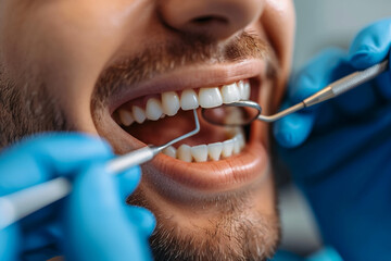Senior man sitting at dentist chair holding saliva ejector while doctor fixing his tooth - obrazy, fototapety, plakaty