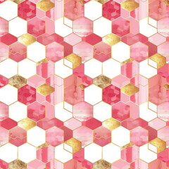 pattern with hexagon shape in pink and gold color. tile, seamless pattern
