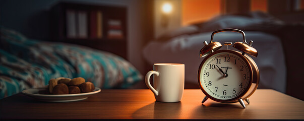 Man turn off a alarm clock after wake up in the morning. banner