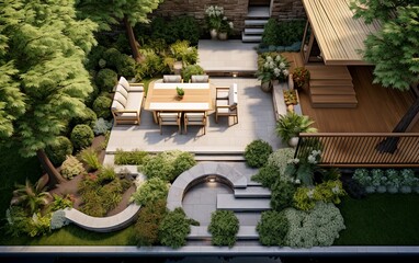 Beautifully designed backyard and patio landscape, harmonizing lush green plants to craft an inviting and stylish outdoor retreat