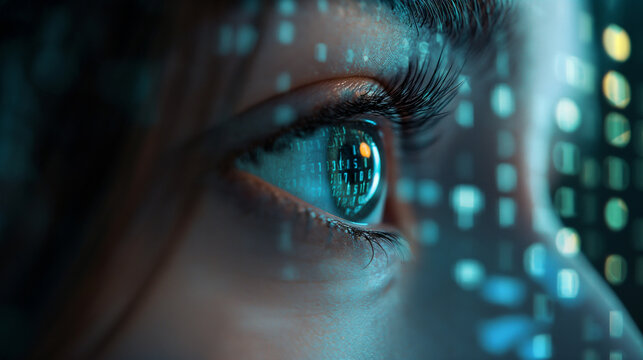 Digitales 3d Auge leuchtet mit Zahlencodes und Quelltext kryptisch symbolisch f&uuml;r Datenschutz und Privatsph&auml;re der Identit&auml;t sch&uuml;tzen Generative AI