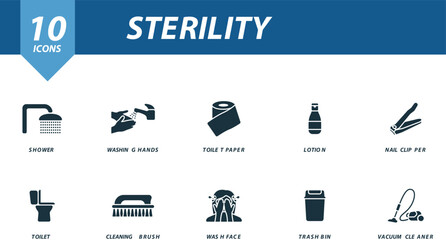 Sterility icons set. Creative icons: shower, washing hands, toilet paper, lotion, nail clipper, toilet, cleaning brush, wash face, trash bin, vacuum cleaner. - obrazy, fototapety, plakaty