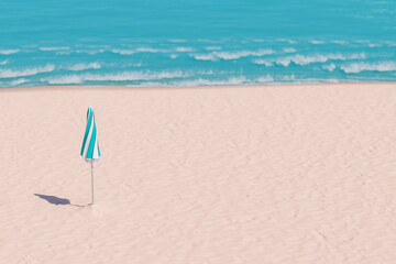 3d rendering of a closed striped beach umbrella standing alone on a textured sandy shore with the serene blue ocean and waves in the background. Summer relaxation concept.