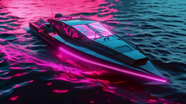 A stealth boat glides through the water its neon pink lights hidden under a retractable cover until needed for covert missions.