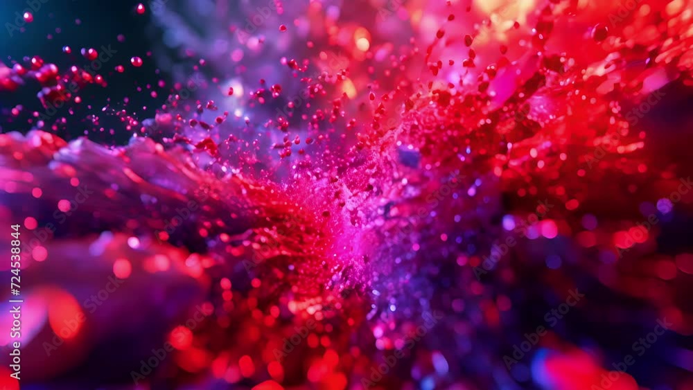 Poster the intense energy of neon red and purple particles colliding and exploding creating a mesmerizing d