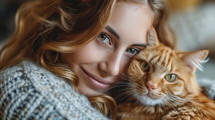young woman holding cute cat with green eyes. Female hugging her cute long hair kitty. Background