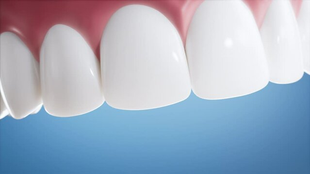 Closeup shot of teeth whitening, 3d animation, Blue Background, 4k, matching whitening set 1.