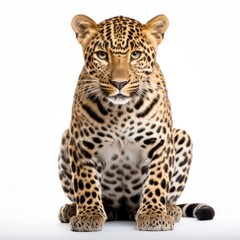 portrait of leopard panthera pardus standing on white background