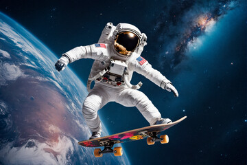 Fototapeta premium Astronaut on a skateboard in outer space. Generative AI