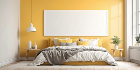Bedroom interior space with mock up poster or wall art on yellow wall background. Interior of a bedroom. Feminine interior design. 3d render