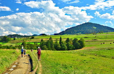  Group of tourists walking on the trail in the Gorce mountains towards the shelter on Maciejowa, Rabka Zdroj, Poland - obrazy, fototapety, plakaty