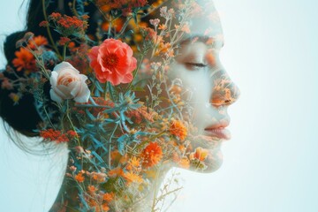Double exposure portrait of young pretty woman combined with photograph of bright spring garden flowers and leaves. Conceptual image showing unity of human with nature, beauty of youth and femininity