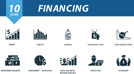 Financing icons set. Creative icons: profit, chart, saving, increase cost, risk reduction, investment security, investment duration, high growth opportunities, investor, economy.