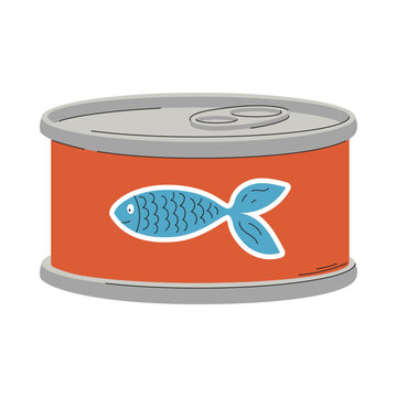 A tin can of cat food. A closed preserves of fish food for pets. A pet care item. A flat vector illustration isolated on a white background.