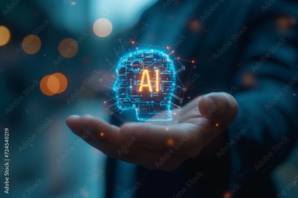 Poster close up man open hand holding ai brain.artificial intelligence or ai analysis information.technolog