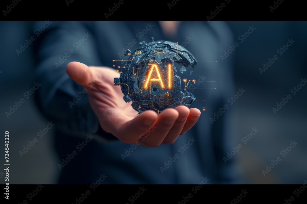Poster close up man open hand holding ai brain.artificial intelligence or ai analysis information.technolog