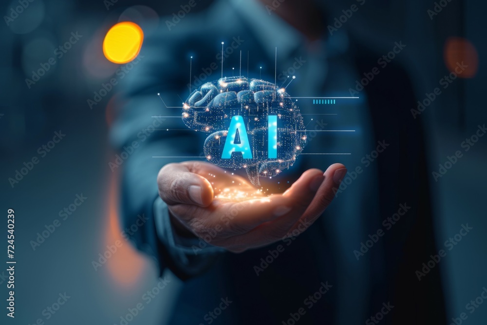 Poster close up man open hand holding ai brain.artificial intelligence or ai analysis information.technolog