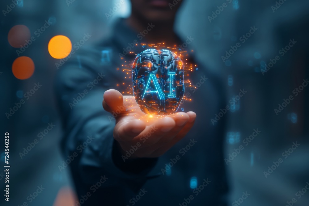 Poster close up man open hand holding ai brain.artificial intelligence or ai analysis information.technolog