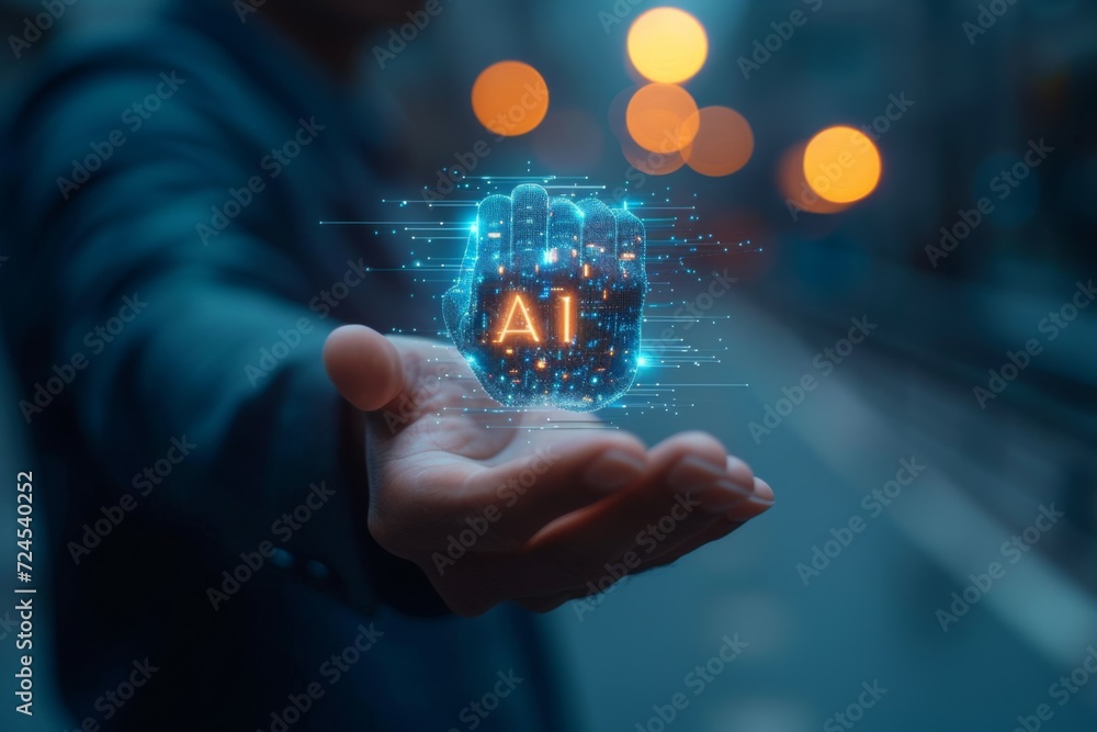 Poster close up man open hand holding ai brain.artificial intelligence or ai analysis information.technolog
