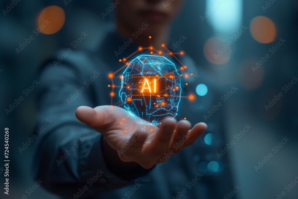 Poster close up man open hand holding ai brain.artificial intelligence or ai analysis information.technolog