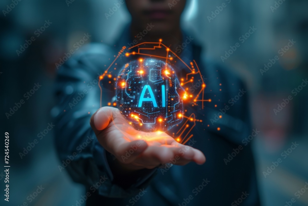 Poster close up man open hand holding ai brain.artificial intelligence or ai analysis information.technolog