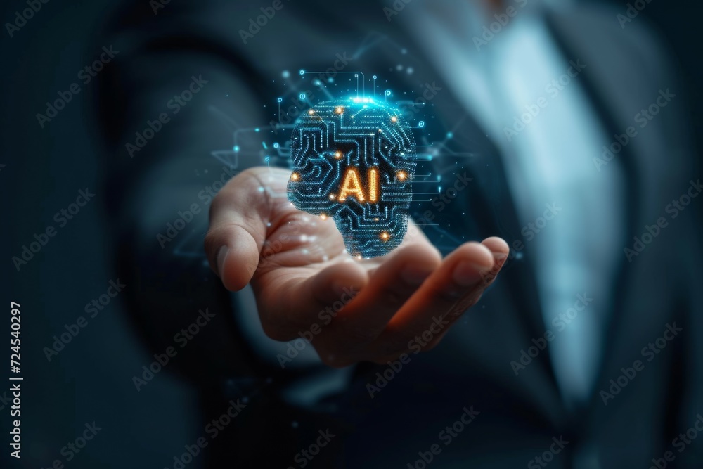 Poster close up man open hand holding ai brain.artificial intelligence or ai analysis information.technolog