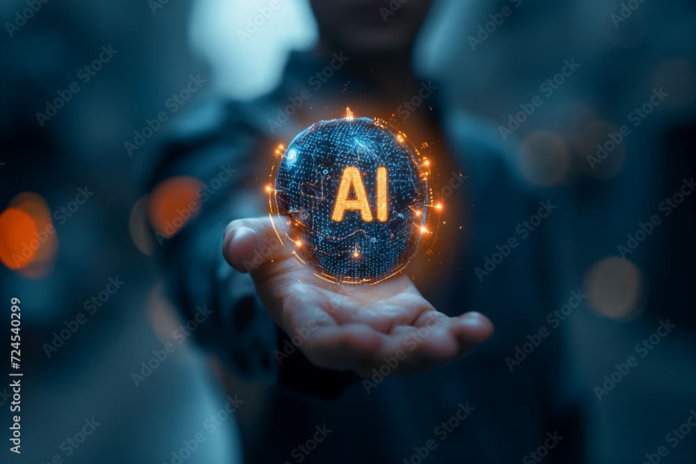 Poster close up man open hand holding ai brain.artificial intelligence or ai analysis information.technolog