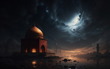 Obraz premium Islamic background mosque with dark sky ai generated