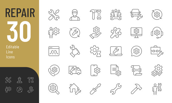 Repair Line Editable Icons set. Vector illustration in modern thin line style of fix related icons:  tools, repairman, troubleshooting equipment and electronics, and more. Isolated on white.