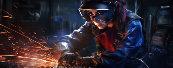 Woman welder in protective workwear in industrial factory.