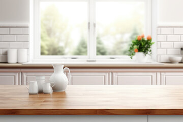 Empty wooden beautiful tabletop on the background of a modern kitchen and window. For mounting a...