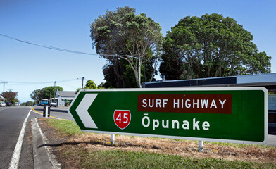 Opunake, surf highway sign, taranaki, new zealand, highway 45